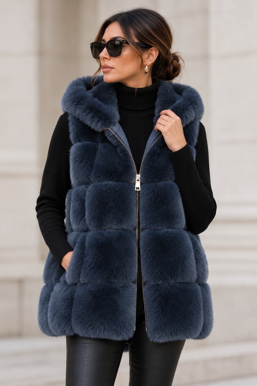 Belle Fare Blue Faux Fur Hooded Vest Women's Size S